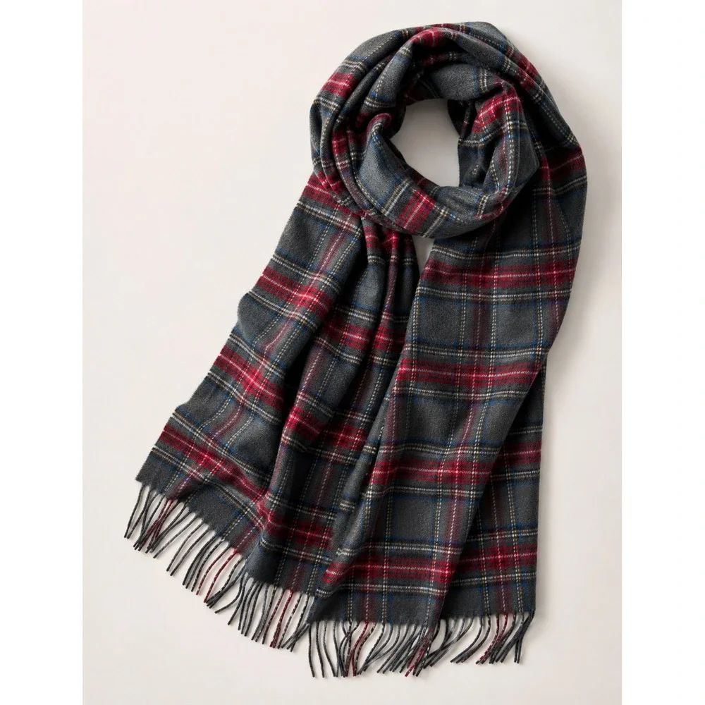 100% Cashmere Scarf‎ Made in Scotland Grey Plaid Reversible Solid Soft Winter